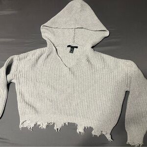 Gray Distressed Knit Hoodie Crop